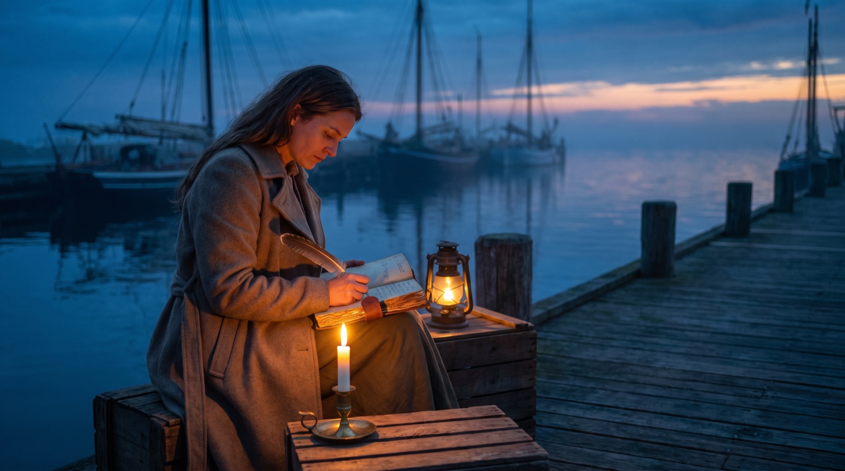 Eine Frau schreibt bei Kerzen- und Laternenlicht mit einer Feder in ein Buch, am Hafen in der blauen Dämmerung