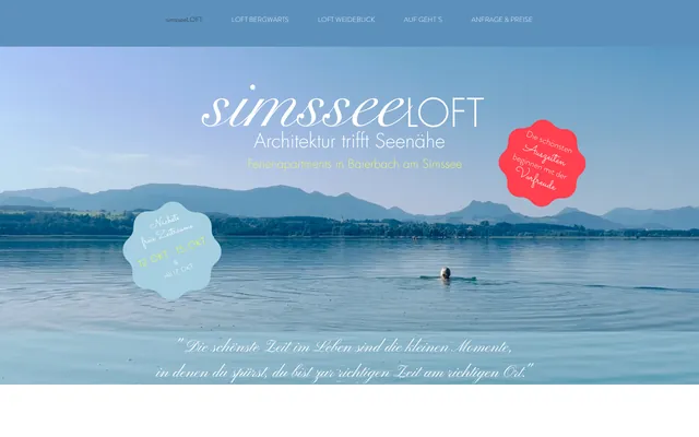 Startseite der Website von simsseeLOFT am Desktop, Screenshot vom 16.10.2026