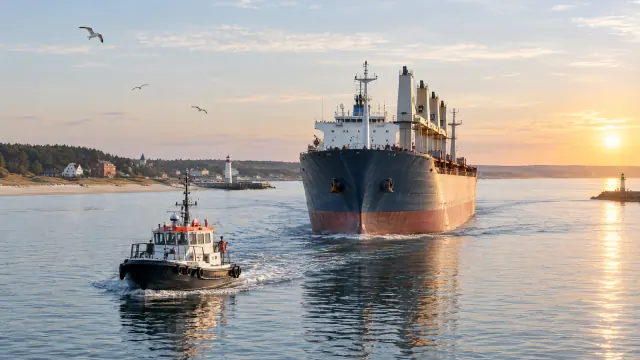 Ein Schlepper begleitet ein großes Frachtschiff auf dem Wasser
