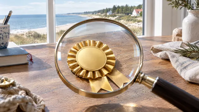 Lupe über einer goldenen Rosette mit leerem Medaillon auf einem Holztisch, im Hintergrund Strand und Dünen