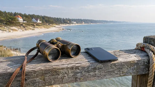 Altes Messingfernglas und ein Smartphone auf einem verwitterten Holzgeländer, dahinter Strand, Dünen und Ostsee