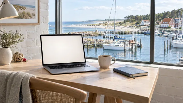 Laptop mit leerem Bildschirm, Kaffeebecher und Notizbuch auf einem Holztisch am Fenster, draußen ein Yachthafen