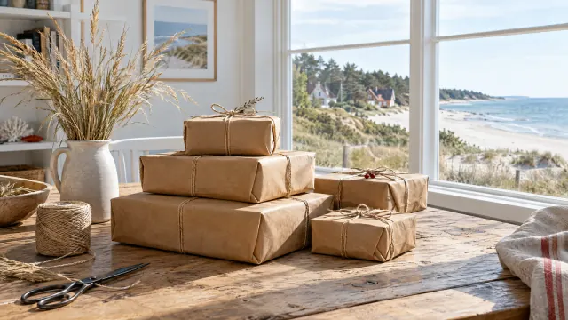 Mit Packpapier und Kordel verschnürte Pakete auf einem Holztisch, durchs Fenster Dünen, Kiefern und die Ostsee