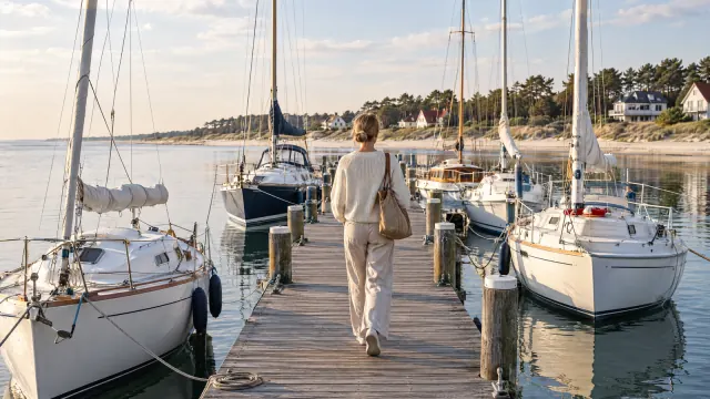 Frau von hinten auf einem Holzsteg zwischen Segelbooten, am Ufer Kiefern, Dünen und helle Häuser