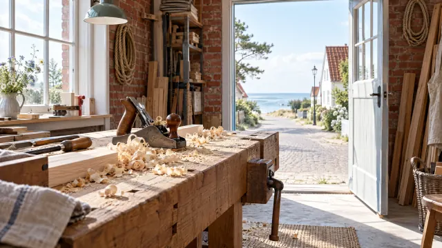 Hobelbank mit Handhobel und Spänen in einer Backsteinwerkstatt, durch die offene Tür eine Gasse hinunter zur Ostsee