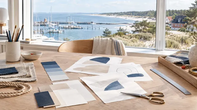 Arbeitstisch am Fenster mit Farbmustern in Blau und Sand, Skizzen, Pinseln und Schere, draußen Hafen und Dünen