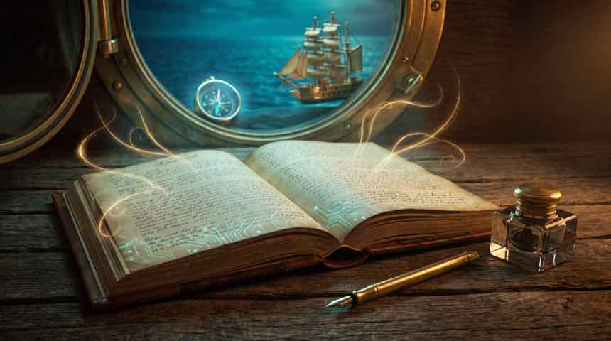 Logbuch mit Messing-Feder, Texte und Content mit KI