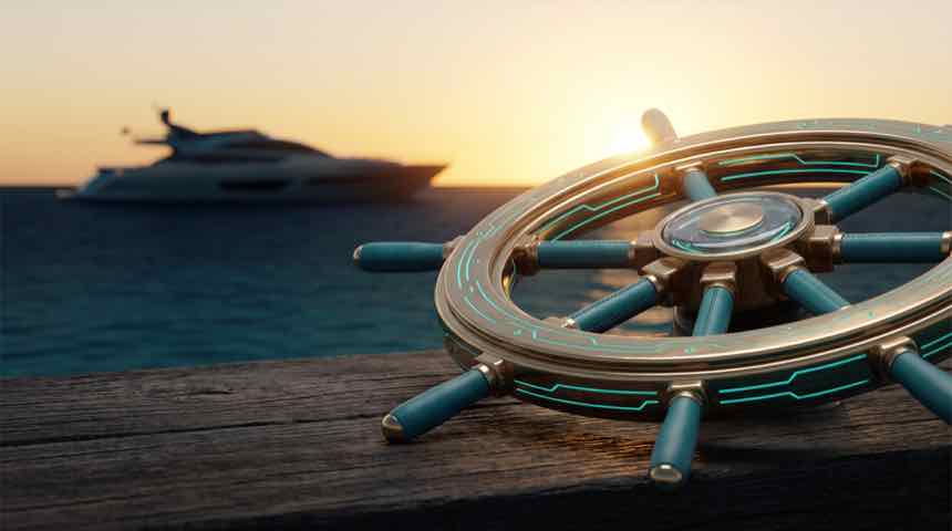 Steuerrad einer Yacht im Sonnenaufgang, Abschlussprojekt und Skalierung