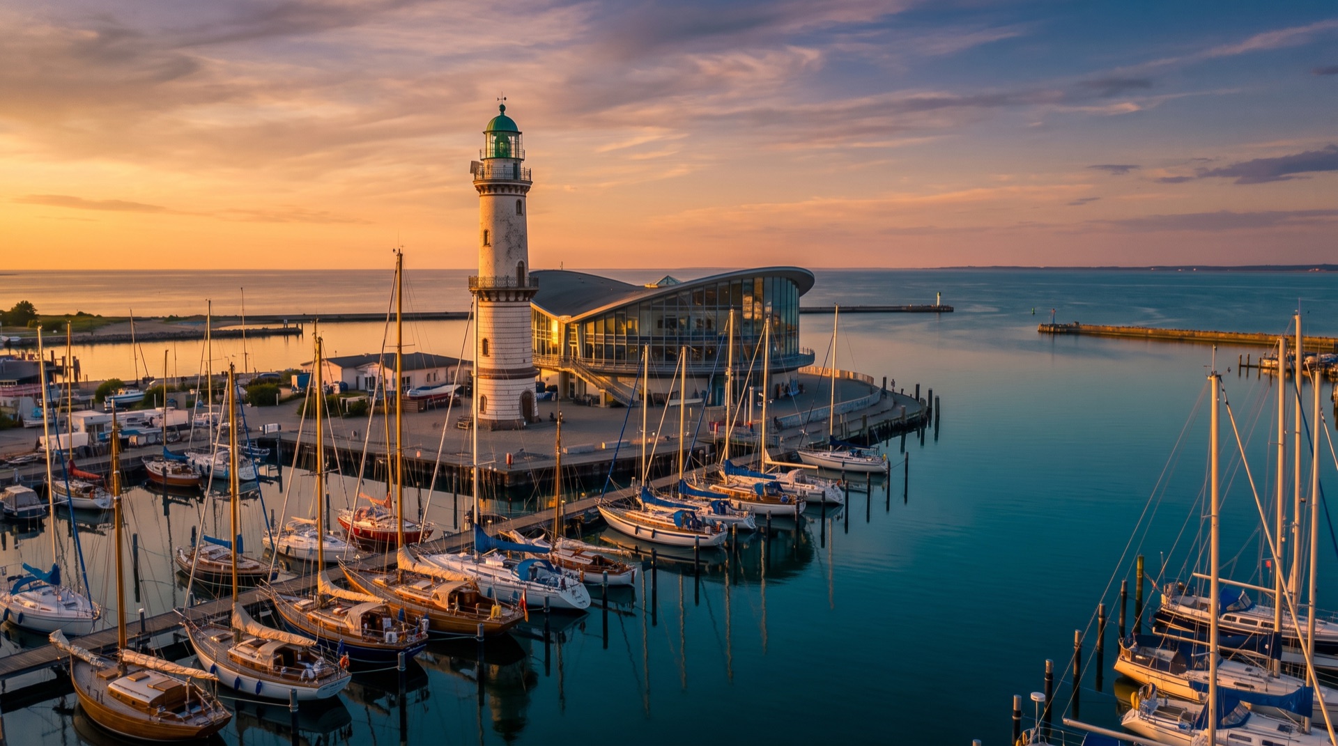 Warnemünder Leuchtturm und Yachthafen an der Ostsee, maritimes Website-Motiv
