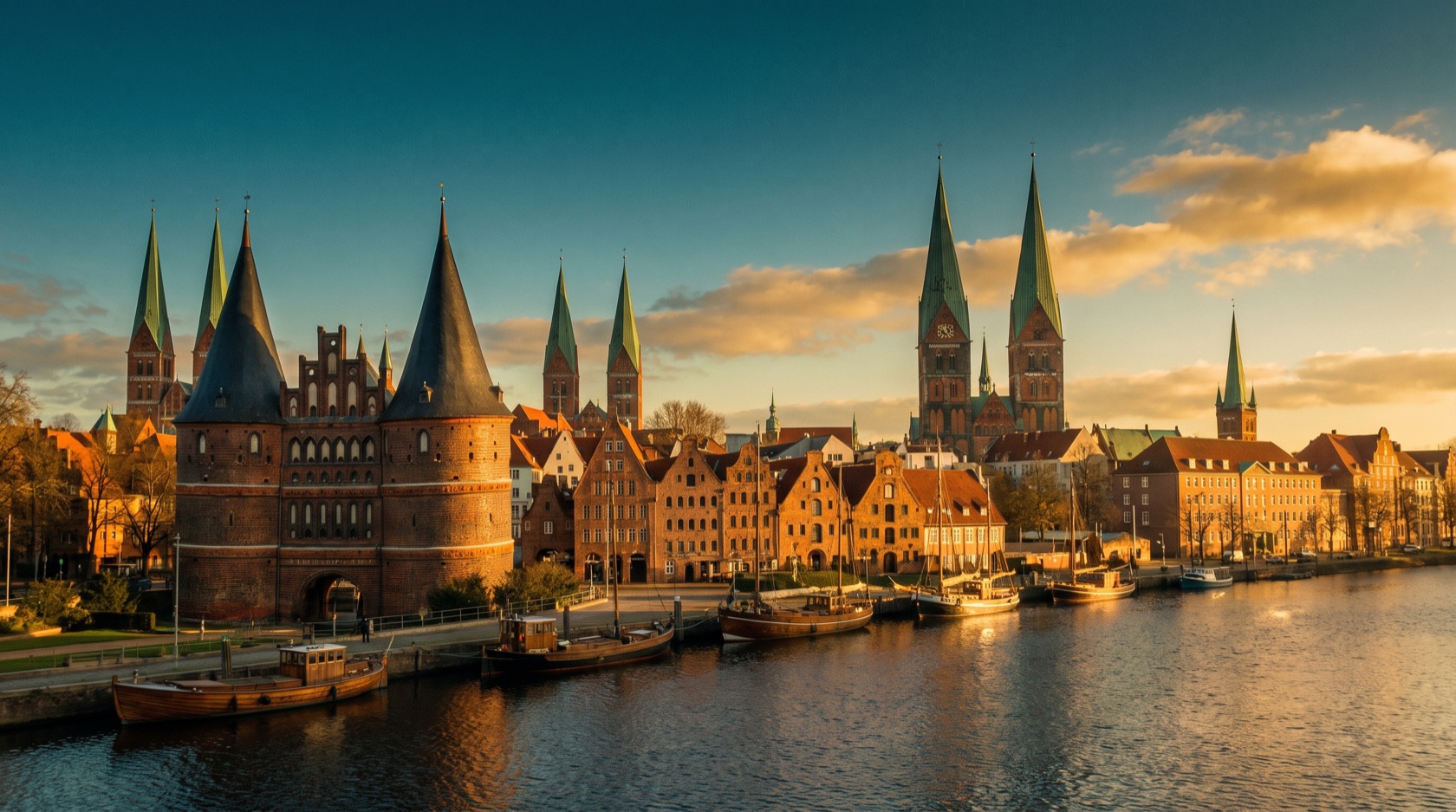 Lübeck von der Trave aus: das Holstentor, die sieben Türme der Altstadt und die Backsteingotik der Marienkirche auf der Altstadt-Insel