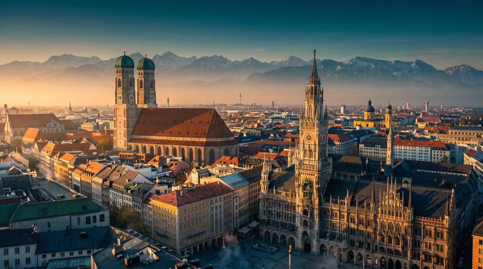 München im goldenen Abendlicht: die Türme der Frauenkirche, der Marienplatz und die Alpen am Horizont