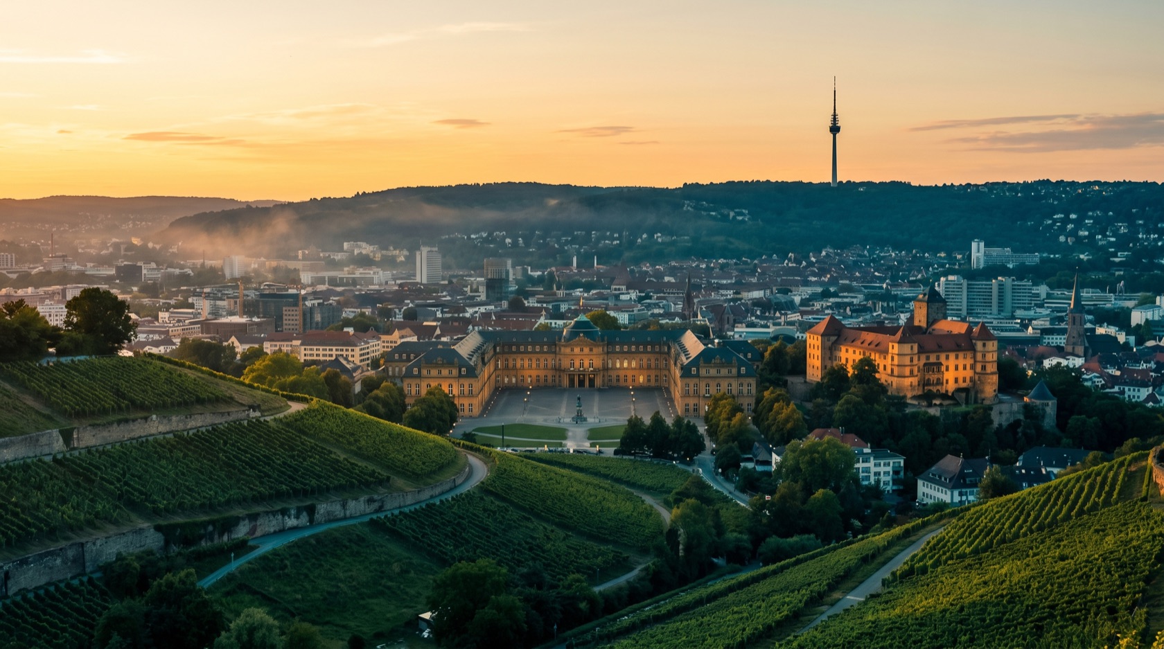 Stuttgart im Talkessel: der Schlossplatz mit Neuem Schloss, der Fernsehturm über den Höhen und die Weinberge, die bis an die Stadt reichen